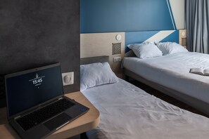 Desk, laptop workspace, blackout curtains, soundproofing