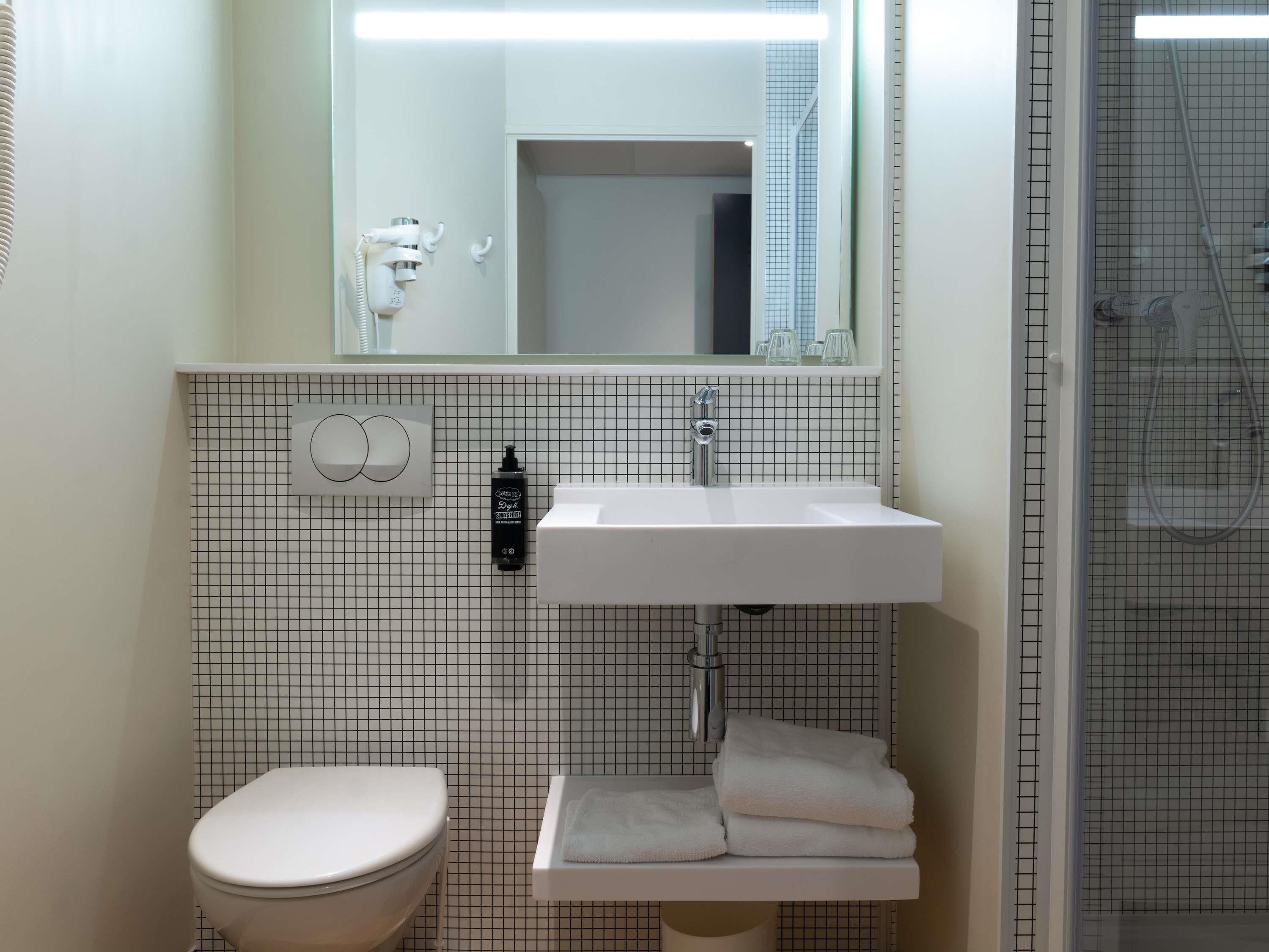 A bathroom with a white sink, a toilet, and a shower.