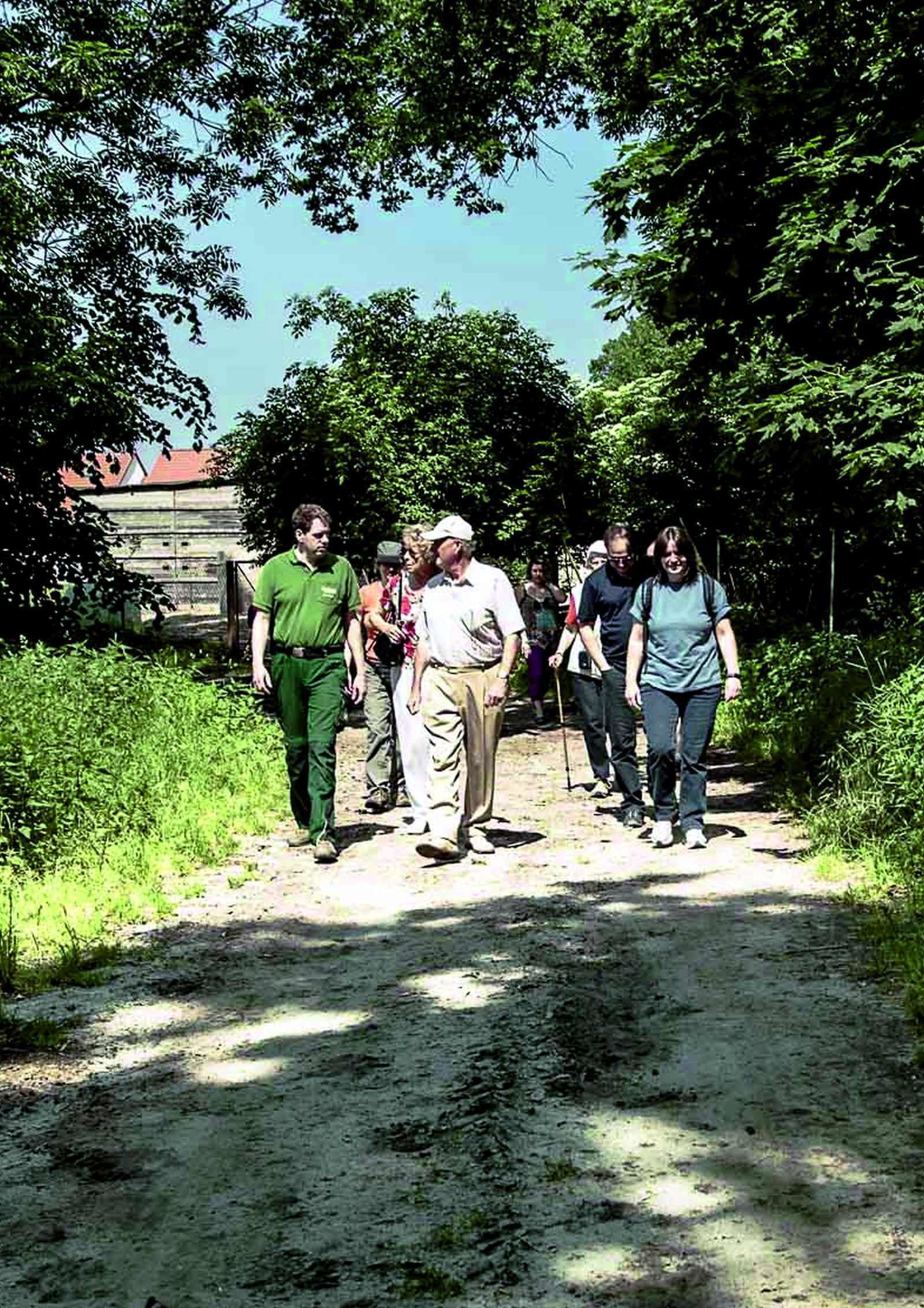 A group of people walking on a dirt path surrounded by greenery.
