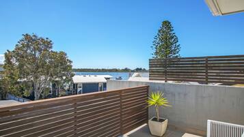 A rooftop terrace with a view of the sea, a potted plant, and a white radiator.