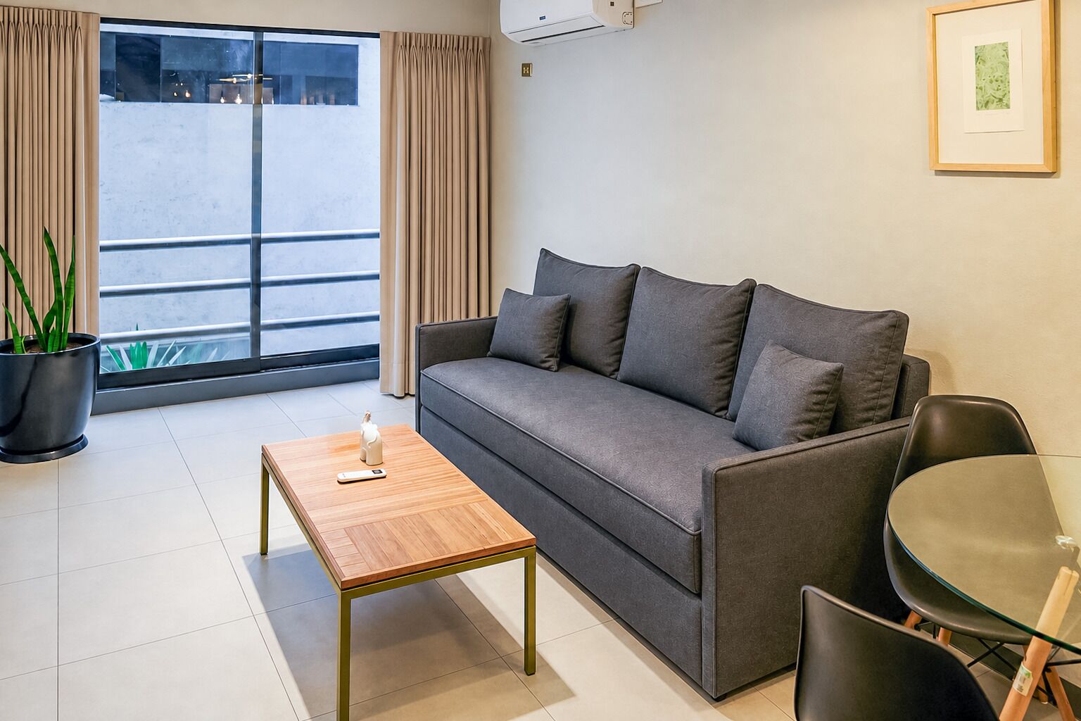 A modern living room with a sofa, a small table, a potted plant, and a glass table.