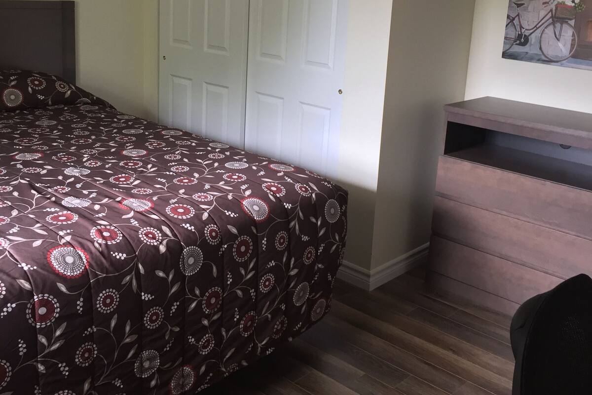 A bedroom with a bed, a dresser, a door, and a wall-mounted painting.