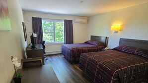 Une chambre d’hôtel avec un bureau en bois, deux lits avec une literie à motifs, une petite table avec une plante, une fenêtre avec des rideaux et une lampe fixée au mur.