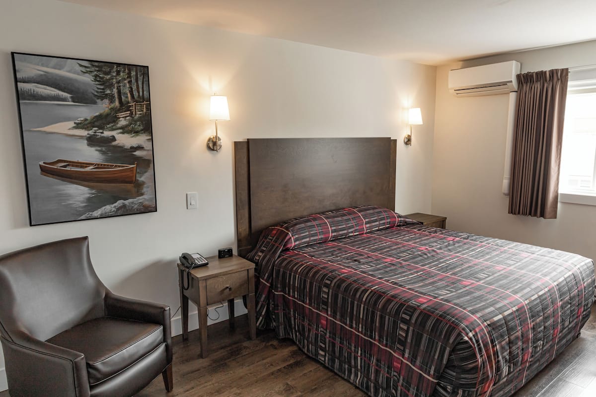 A bedroom with a bed, a chair, a nightstand, a lamp, an air conditioner, and a painting on the wall.