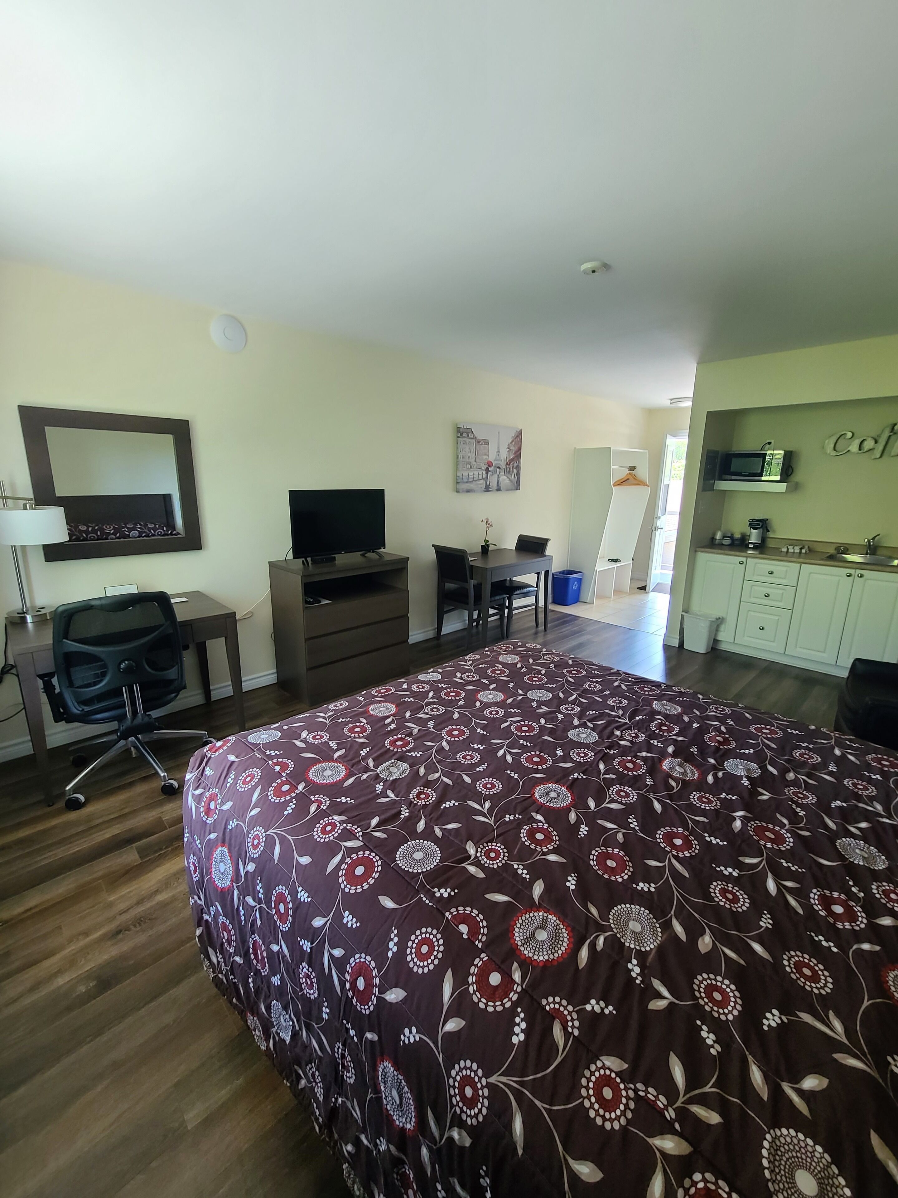 A hotel room with a large bed, a desk with a chair, a television, a small table with a plant, a picture on the wall, and a kitchenette area.