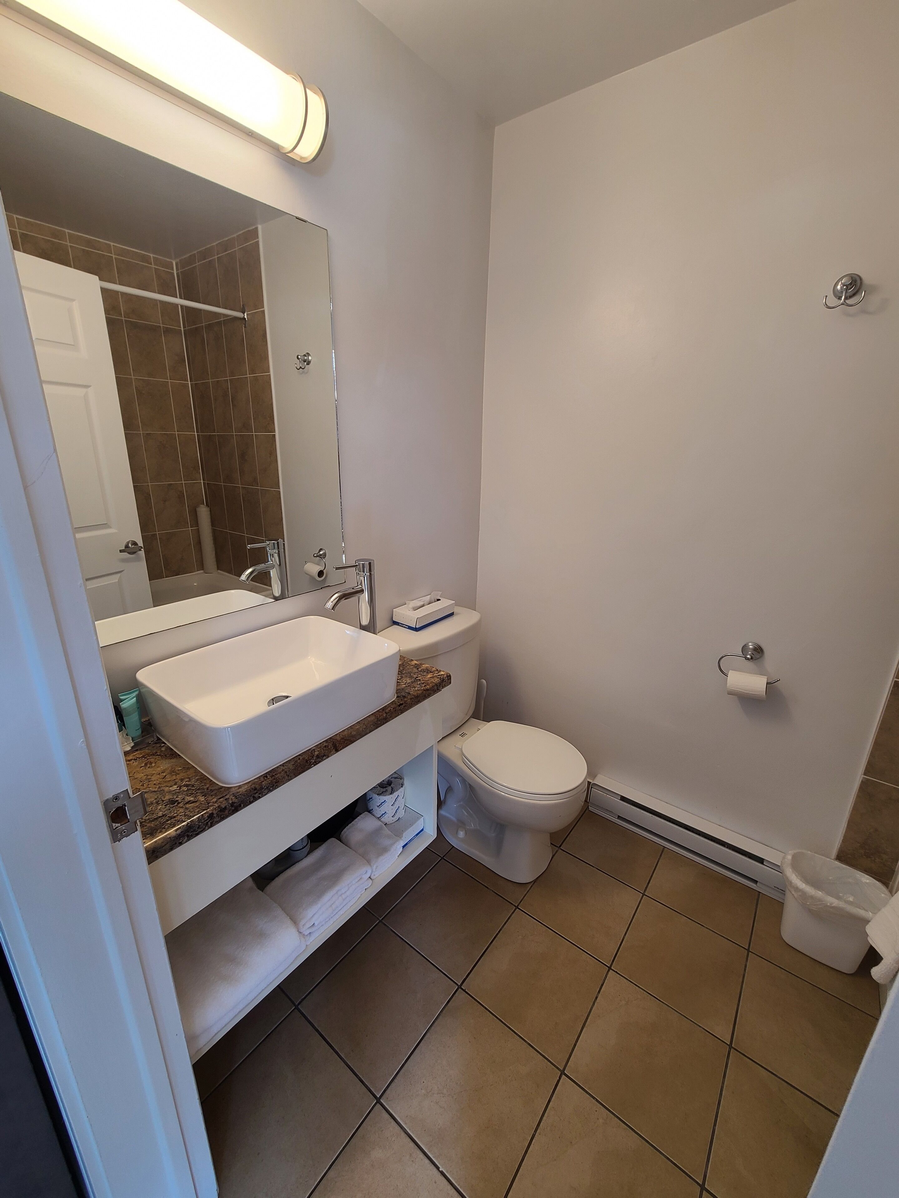 A bathroom with a white sink, a toilet, and a mirror.