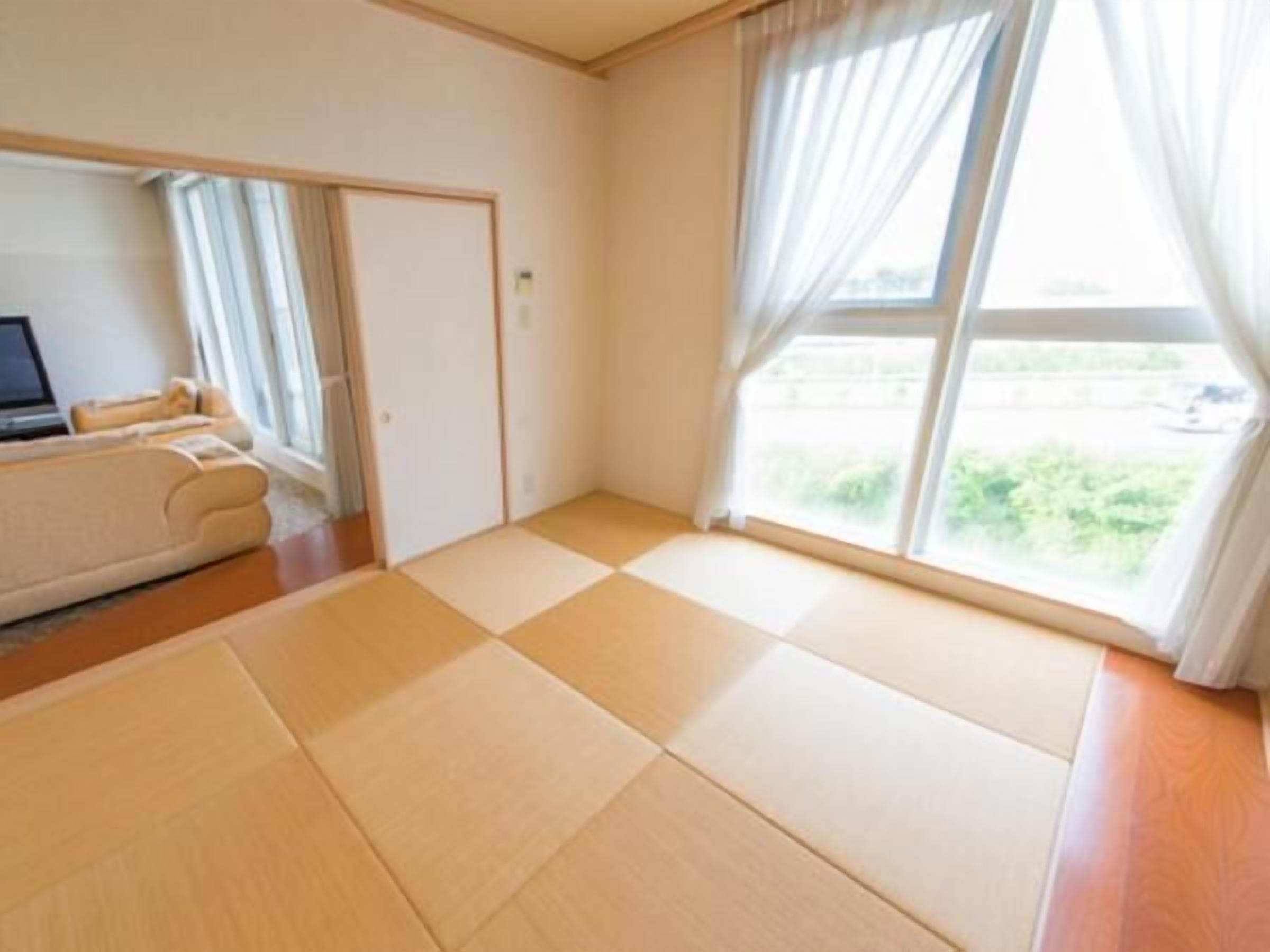 A room with tatami mats, a sliding door, a sofa, and a large window with curtains.