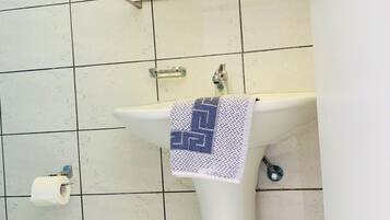 A bathroom with a white sink, a towel hanging on the faucet, a toilet paper roll, and a mirror above the sink.