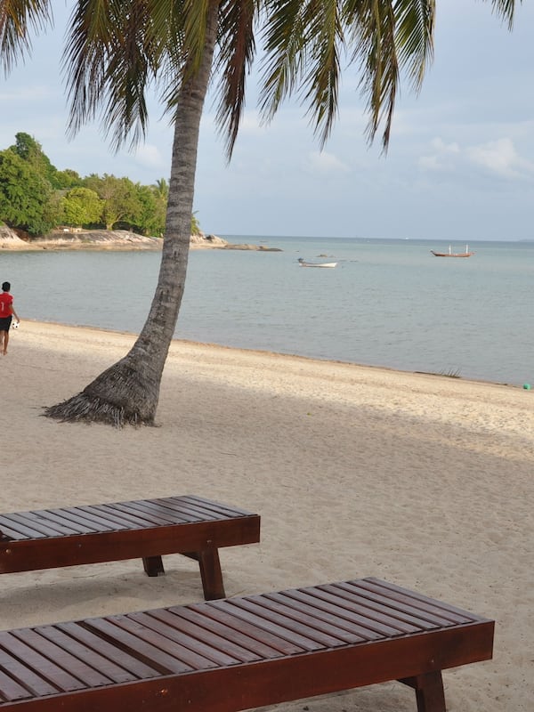 On the beach, white sand, sun-loungers, beach volleyball
