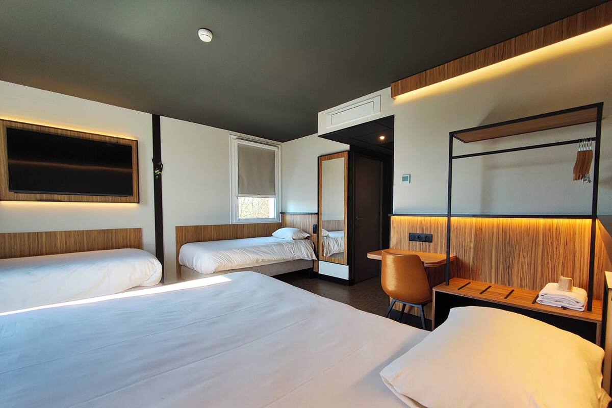 A hotel room with two beds, a desk, a chair, a TV, and a mirror.