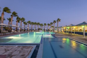 Outdoor pool, pool umbrellas, sun loungers