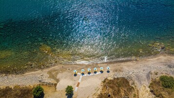 On the beach, sun loungers, beach umbrellas