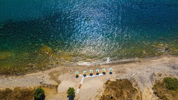 Ubicación a pie de playa, tumbonas y sombrillas