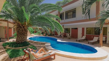 Indoor pool, outdoor pool, pool loungers