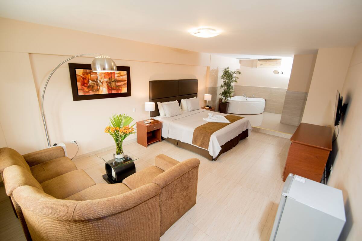 Quarto de hotel com cama, sofá, escrivaninha, luminária, planta e televisão.