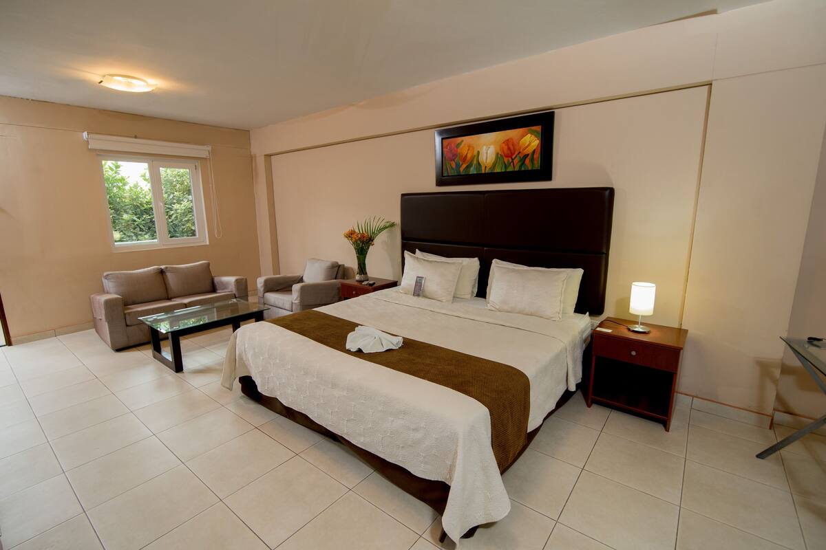 Quarto de hotel com uma cama grande, um sofá, uma mesa de centro, uma mesa de cabeceira com abajur e um quadro na parede.
