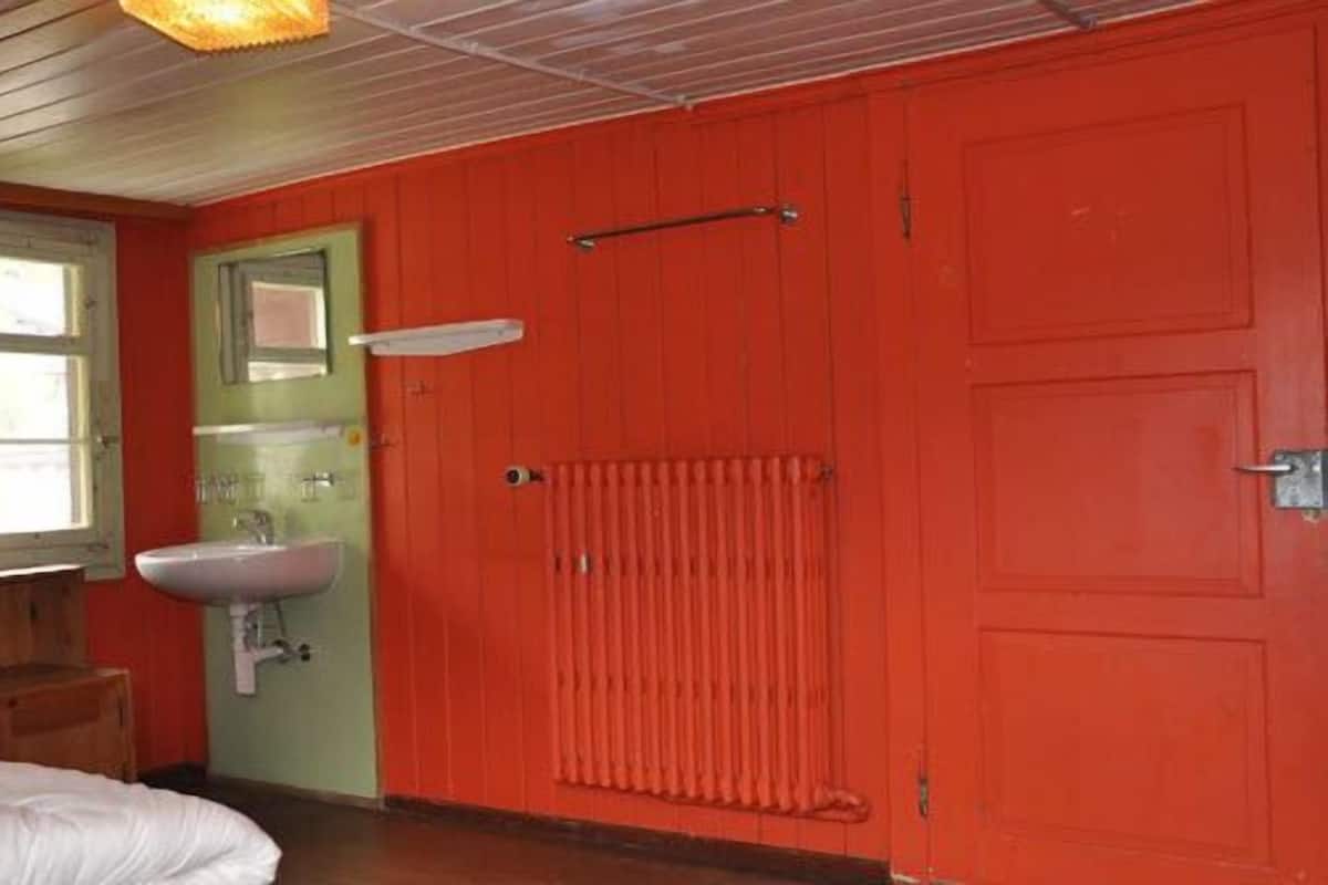Een kamer met een bed, een wastafel, een radiator en een deur.