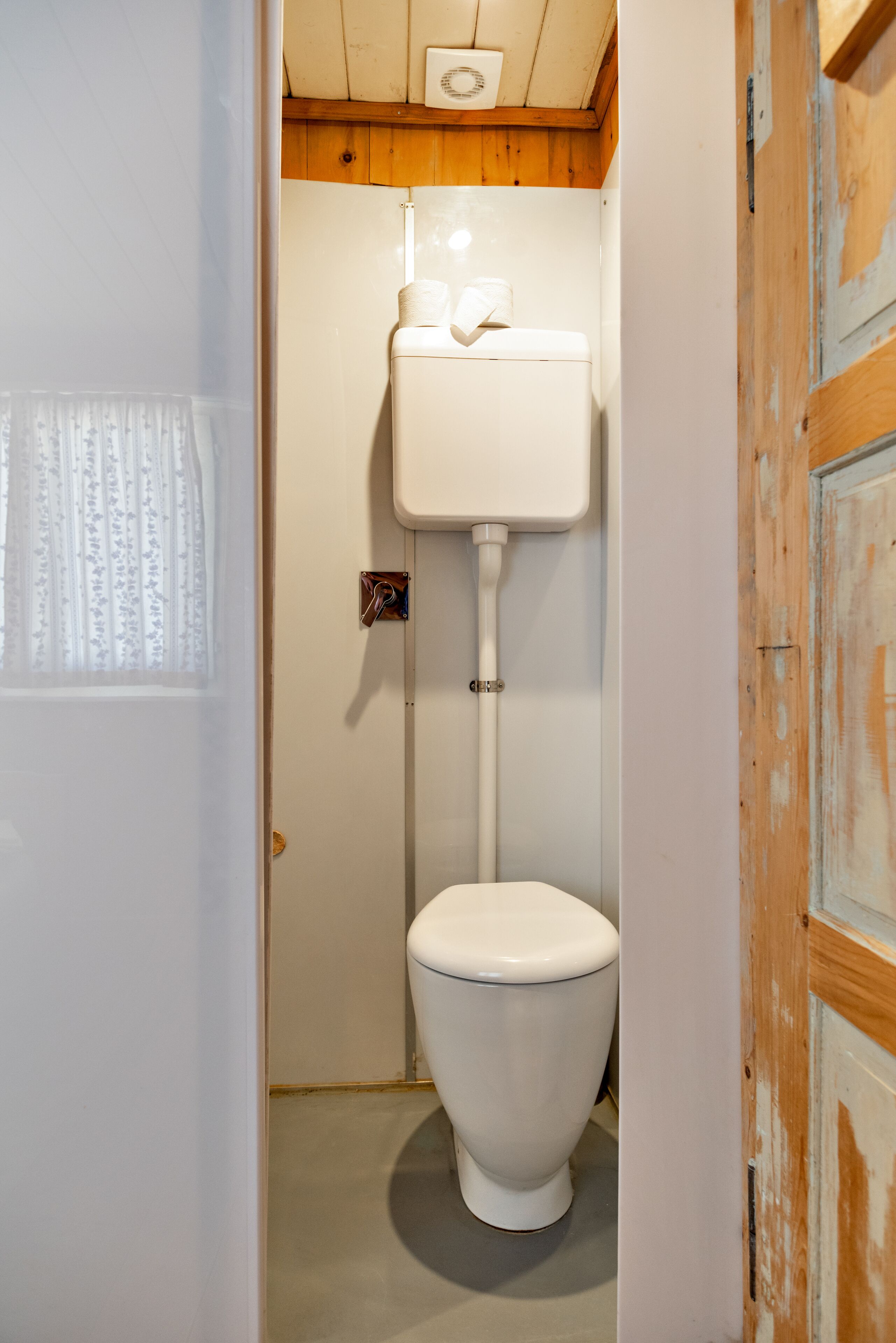 A small, compact bathroom with a white toilet, a wooden ceiling, and a white wall.