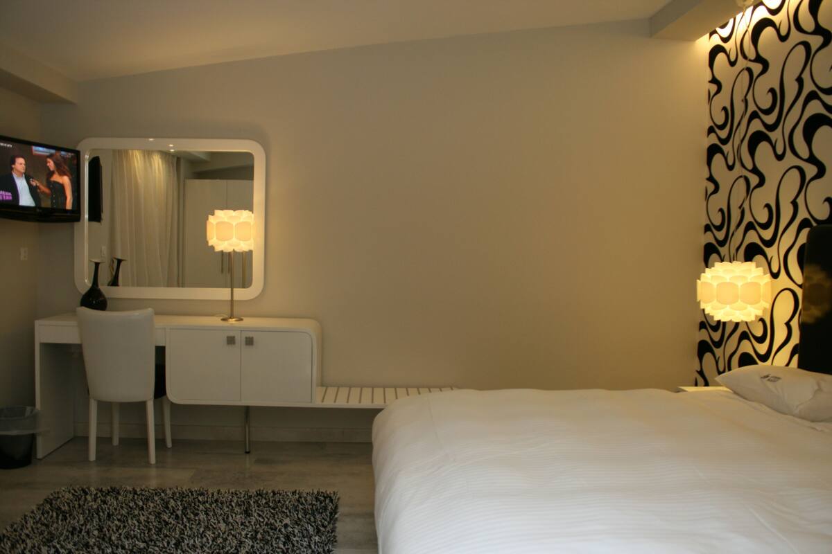 A hotel room with a bed, a desk, a chair, a television, and a patterned wall.