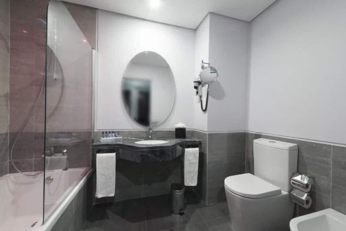 Combined shower/tub, free toiletries, hair dryer, towels