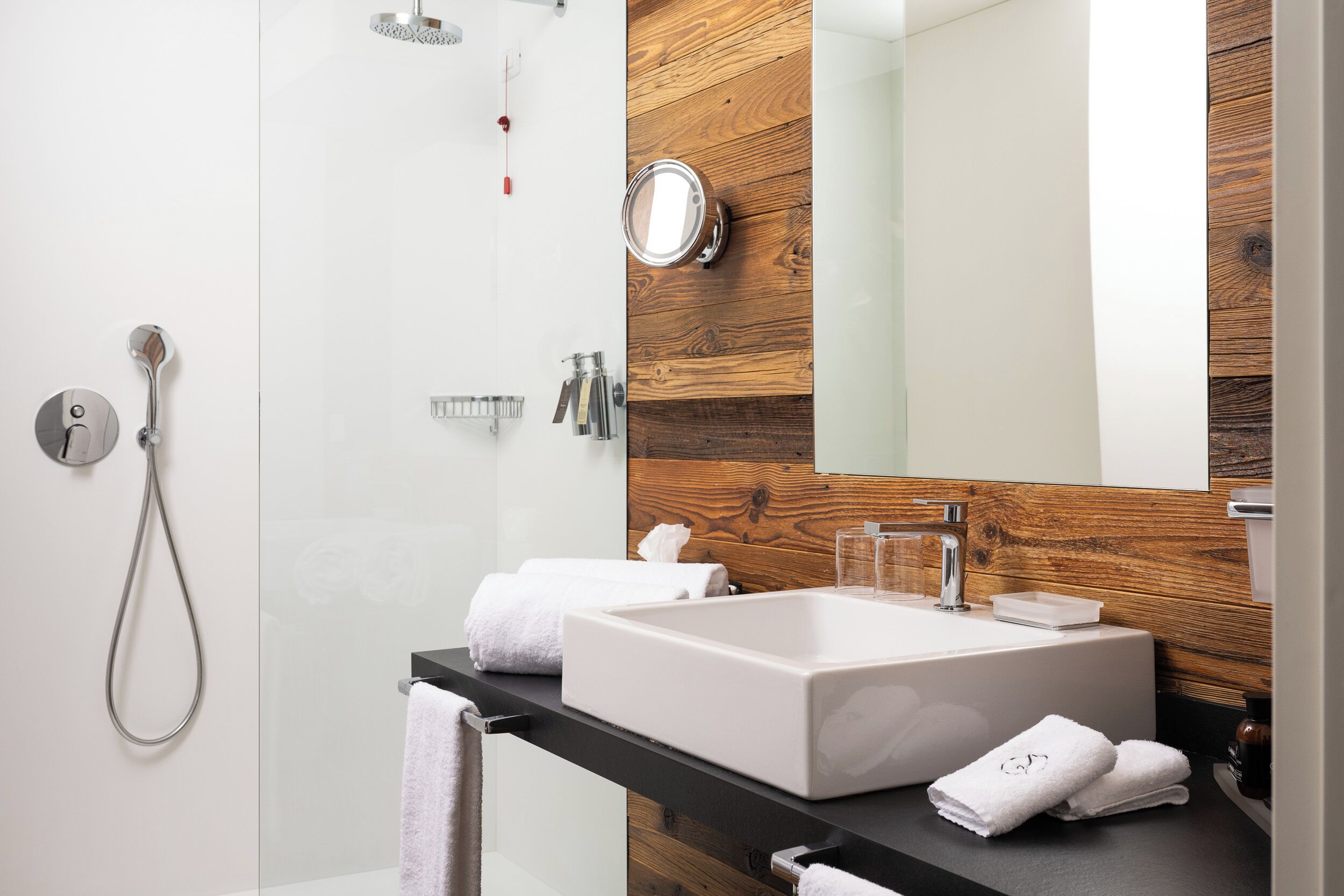 A modern bathroom with a large white sink, a wooden accent wall, a glass shower enclosure, and a mirror above the sink.