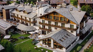 A traditional chalet-style hotel with multiple buildings, a well-maintained lawn, and a scenic mountainous backdrop.