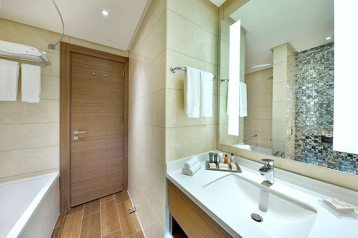 combined shower/bathtub, free toiletries, bidet, towels