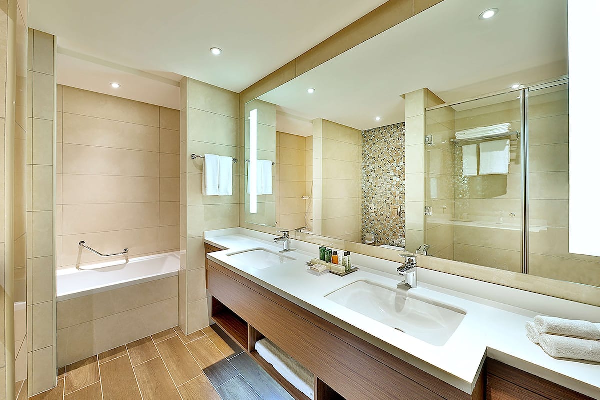 combined shower/bathtub, free toiletries, bidet, towels