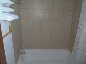 Combined shower/bathtub, rainfall showerhead, free toiletries, bathrobes