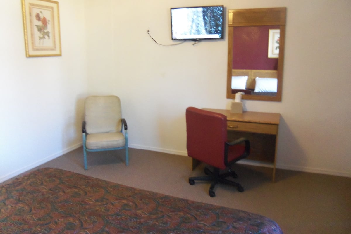 A room with a bed, a desk, a chair, a television, and a mirror.