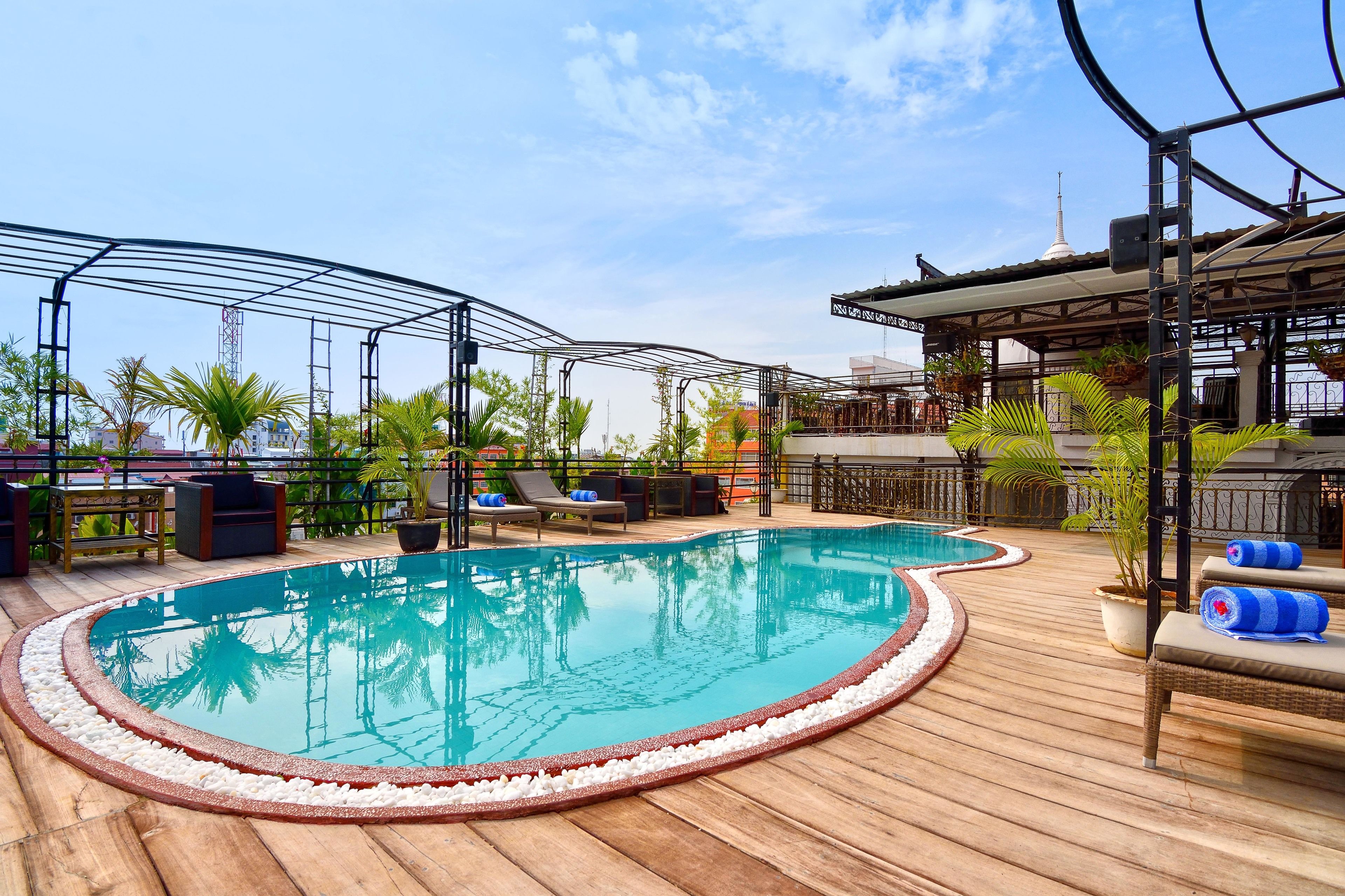 Outdoor pool, pool umbrellas, pool loungers