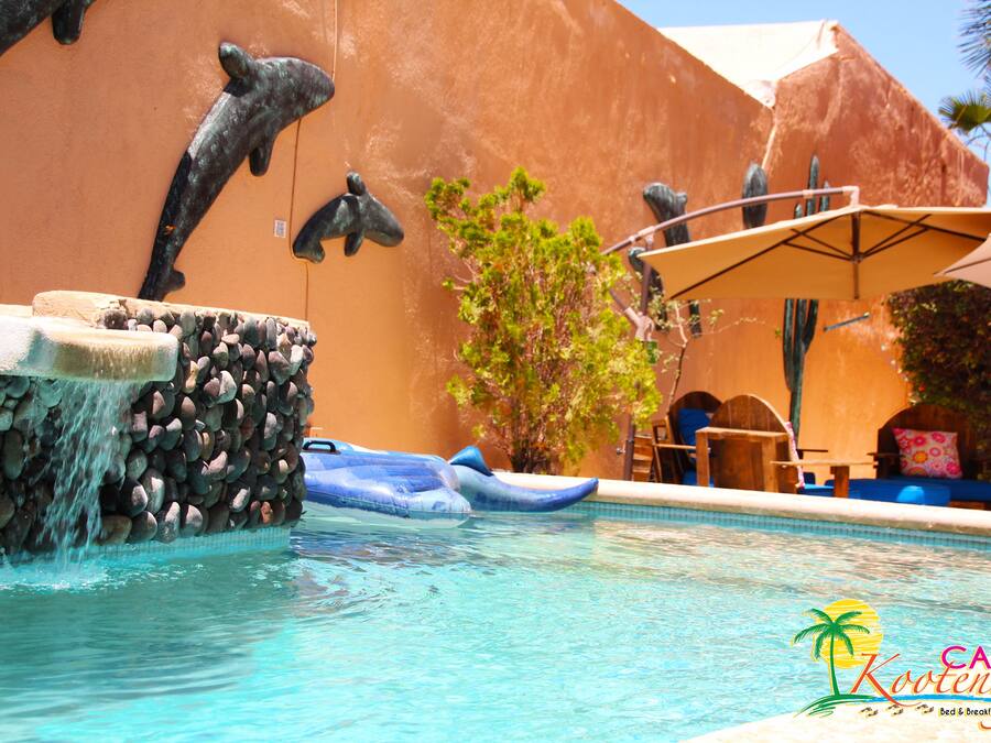Ein Poolbereich mit Wasserfall, Delfinstatuen und einer Liegefläche mit einer Palme und Sonnenschirm.