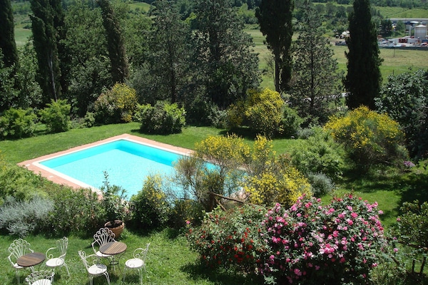Seasonal outdoor pool, pool loungers