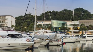 A marina with multiple yachts docked, modern buildings with glass facades, and a backdrop of dense trees. - ONE15 Marina Hotel Sentosa Cove (Singapore)