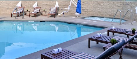 Outdoor pool, open 8:00 AM to 10:00 PM, pool umbrellas, sun loungers