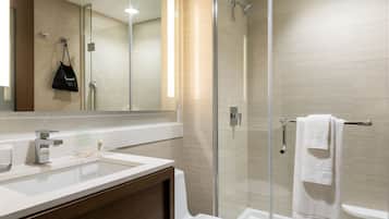 A modern bathroom with a glass shower enclosure, a white sink, and a large mirror.