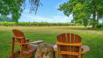 Two wooden Adirondack chairs facing a grassy field with a vineyard in the background.