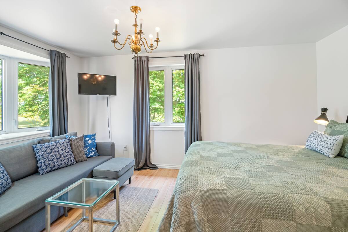 A modern bedroom with a large bed, a sofa, a TV, and a chandelier.