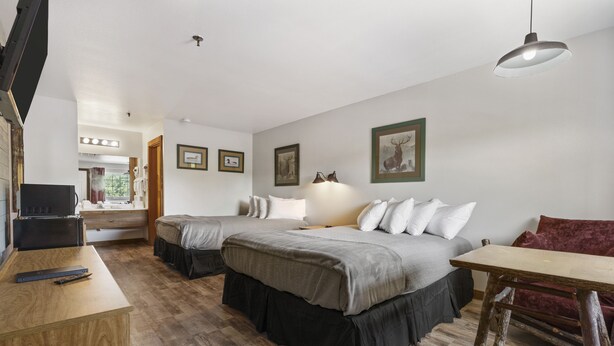 Quarto de hotel com duas camas, uma mesa, uma televisão e uma janela.