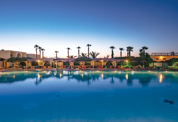 Outdoor pool, pool umbrellas, pool loungers