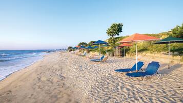 A beach with rows of blue lounge chairs and umbrellas, a clear sky, and the ocean in the background.