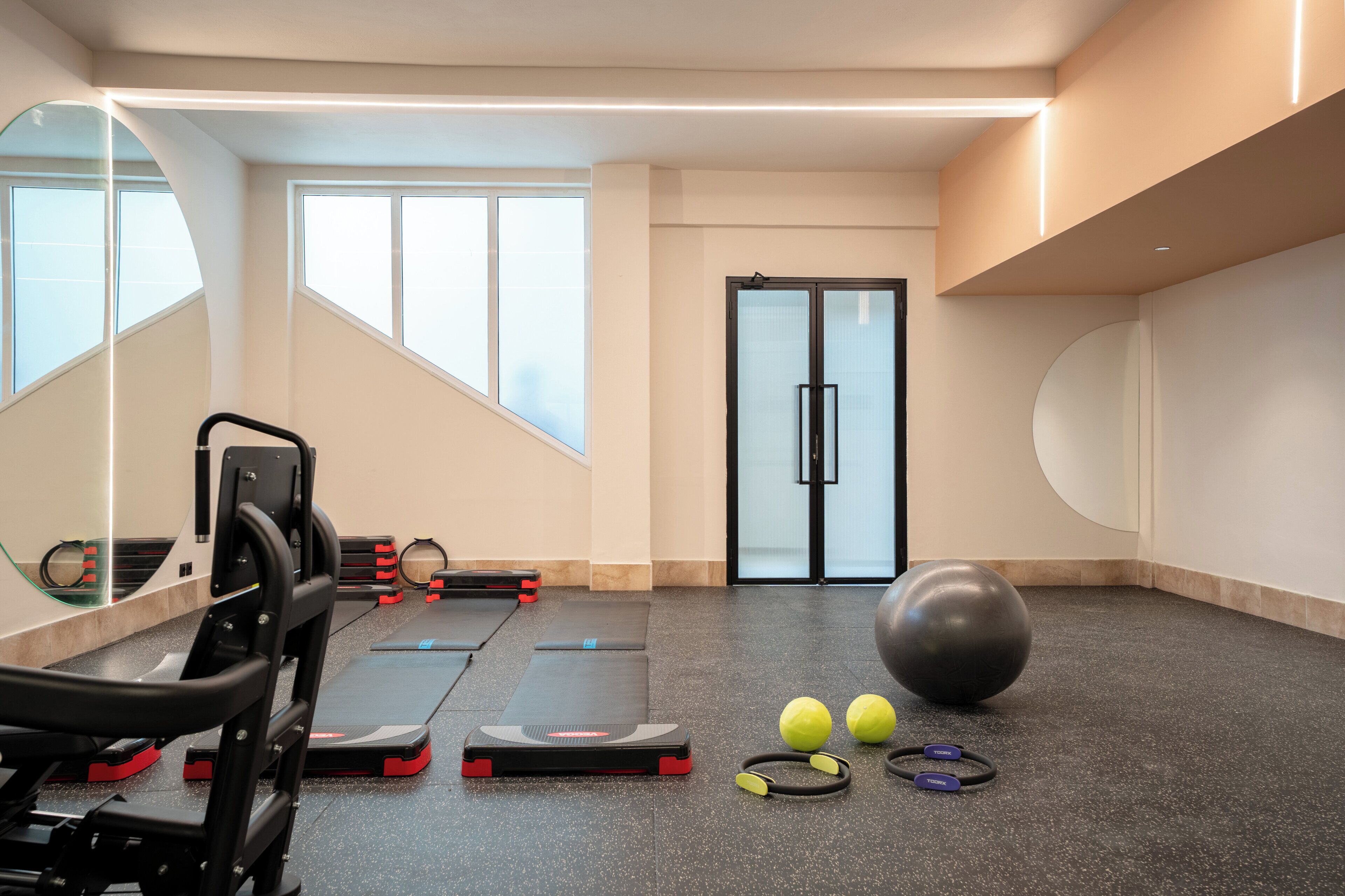 A gym with exercise equipment, a large exercise ball, and a door with a glass panel.
