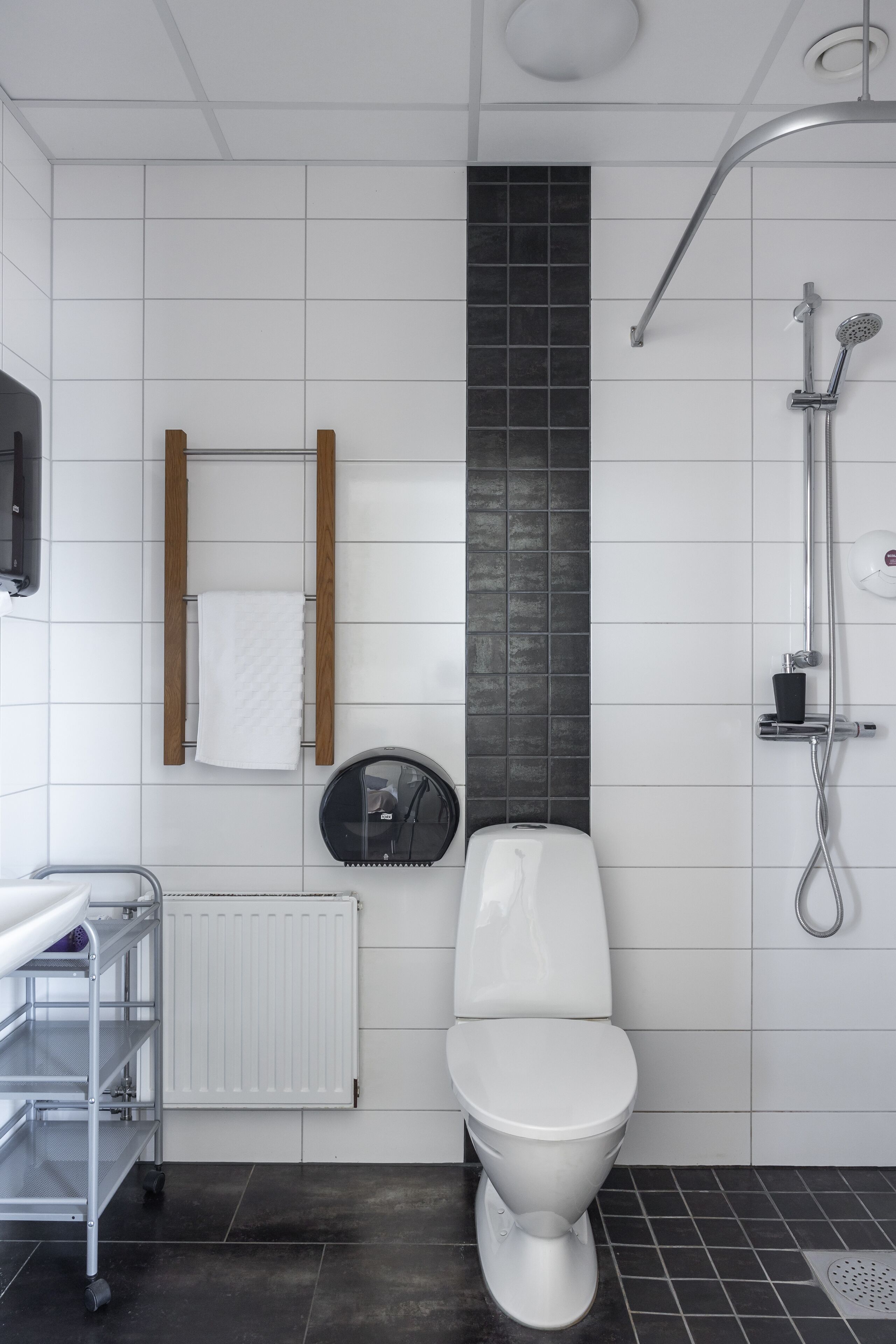 A modern bathroom with a toilet, a shower, a towel rack, a hand dryer, and a radiator.