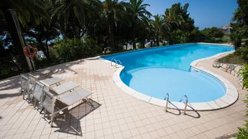 Une piscine avec une terrasse carrelée, des chaises longues et des palmiers en arrière-plan.