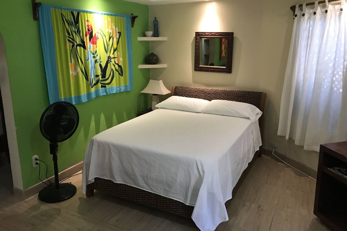 A neatly made bed in a room with green walls, a standing fan, and a painting.