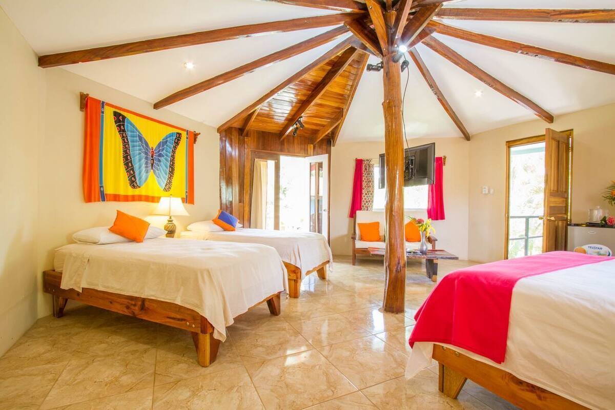 A hotel room with two beds, a wooden ceiling, a butterfly tapestry, and a view of the outdoors.