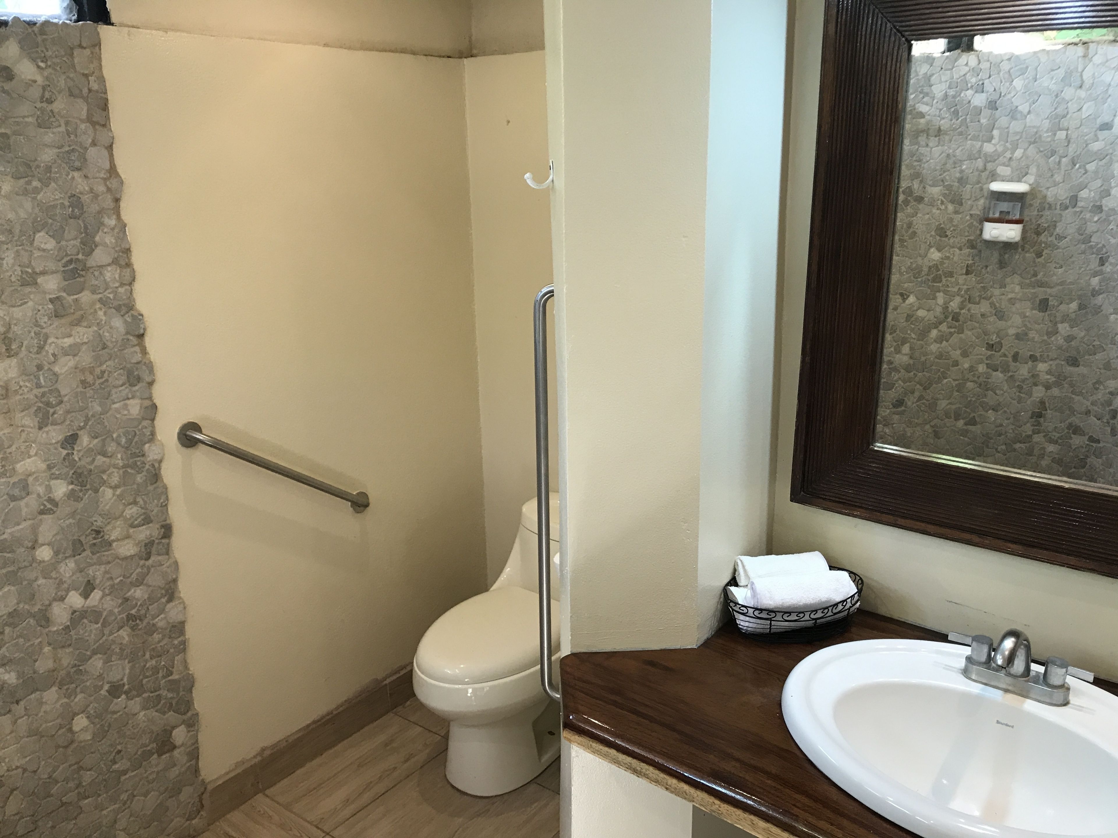 Une salle de bain équipée de toilettes, d’une barre d’appui, d’un lavabo et d’un miroir.