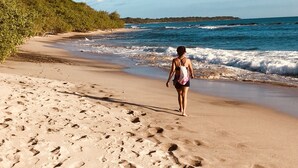 A sandy beach with footprints leading towards the ocean, a person walking, and a line of trees in the background. - Hotel Tamarindo Village (Tamarindo)