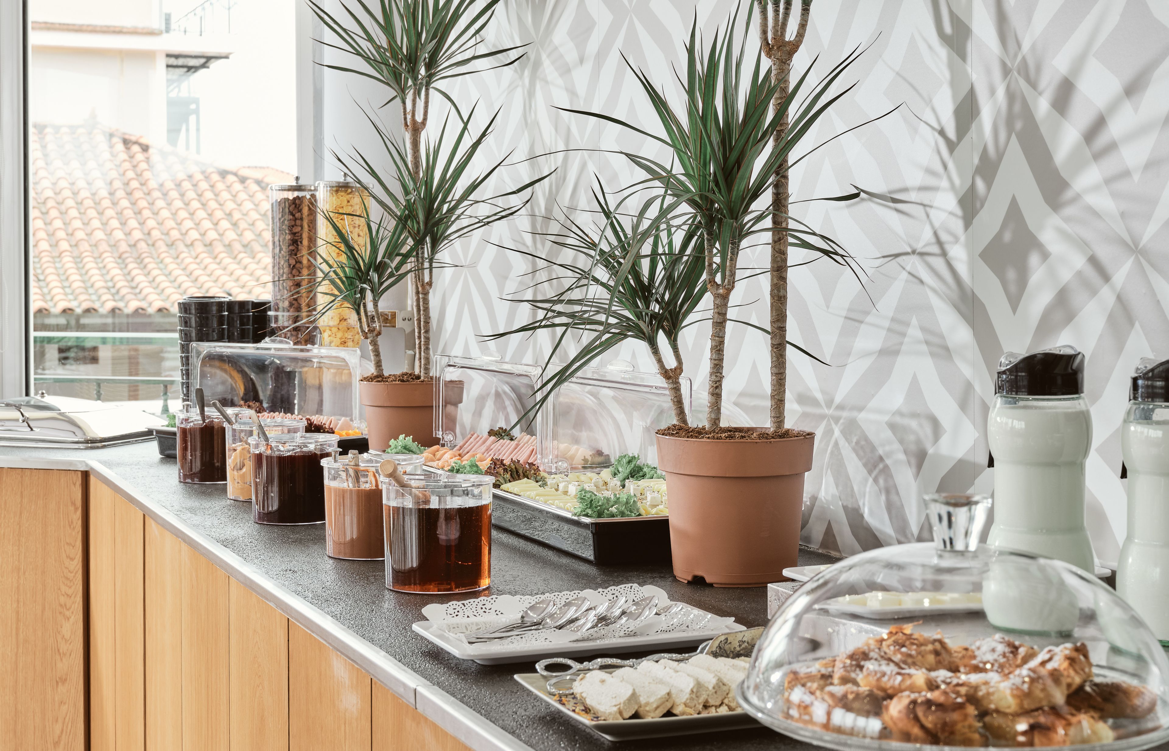 A buffet setup with various food items and drinks, potted plants, and a window view.