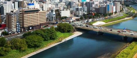 A cityscape with a river, bridges, and buildings.